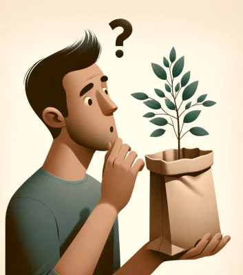 Man with Plant Bag looking confused